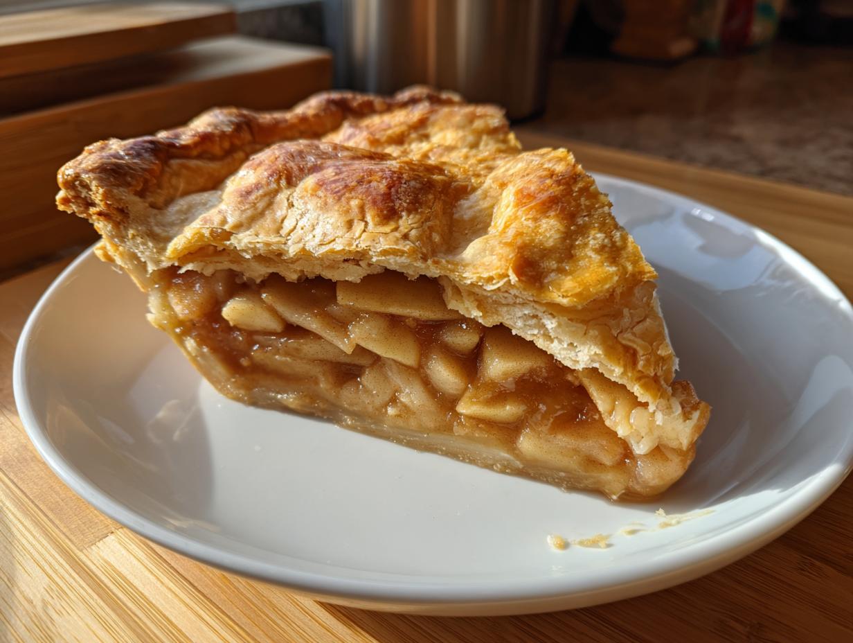 A close-up shot of a perfect slice of apple pie showing thick apple filling and a flaky crust.