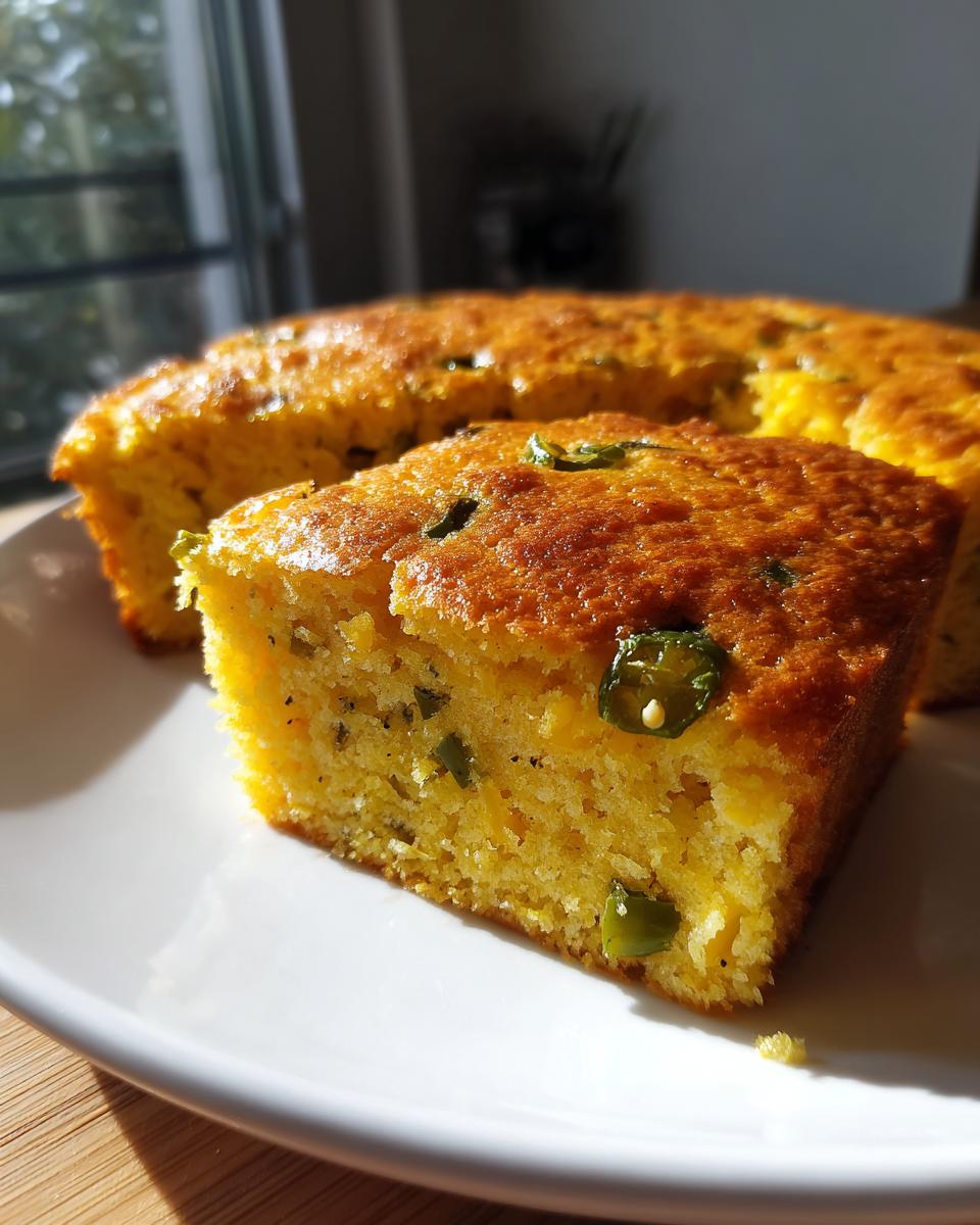 A close-up of a slice of golden mexican cornbread studded with green jalapeño pieces on a white plate.