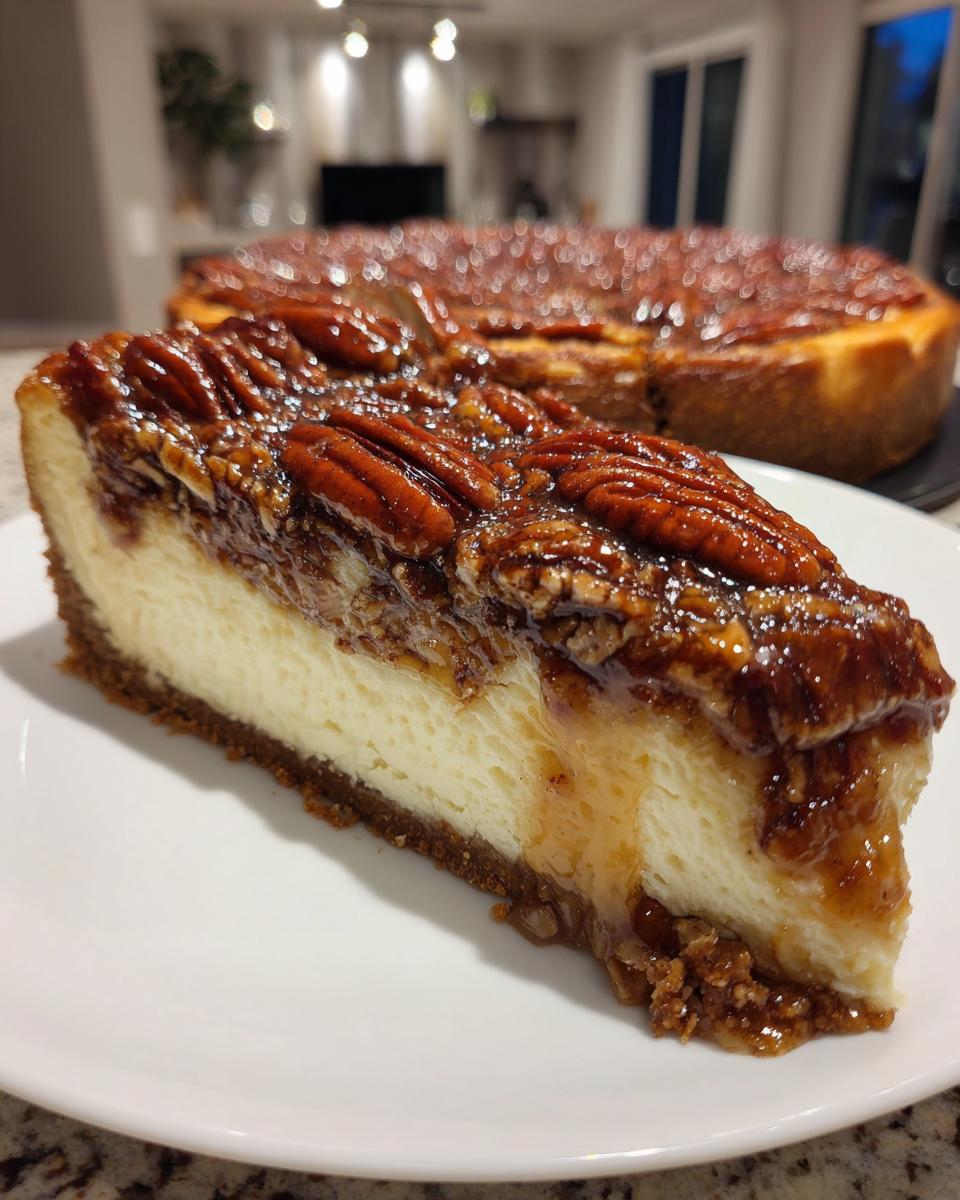 A close-up slice of creamy pecan pie cheesecake with a thick, glossy pecan topping, served on a white plate.