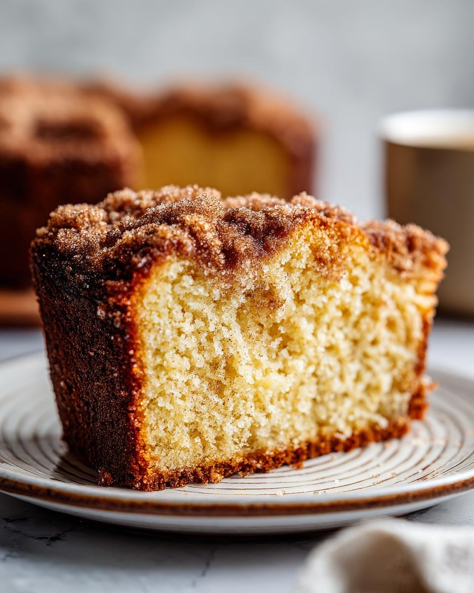 A close-up of a moist slice of sour cream coffee cake featuring a thick, sugary cinnamon streusel topping.