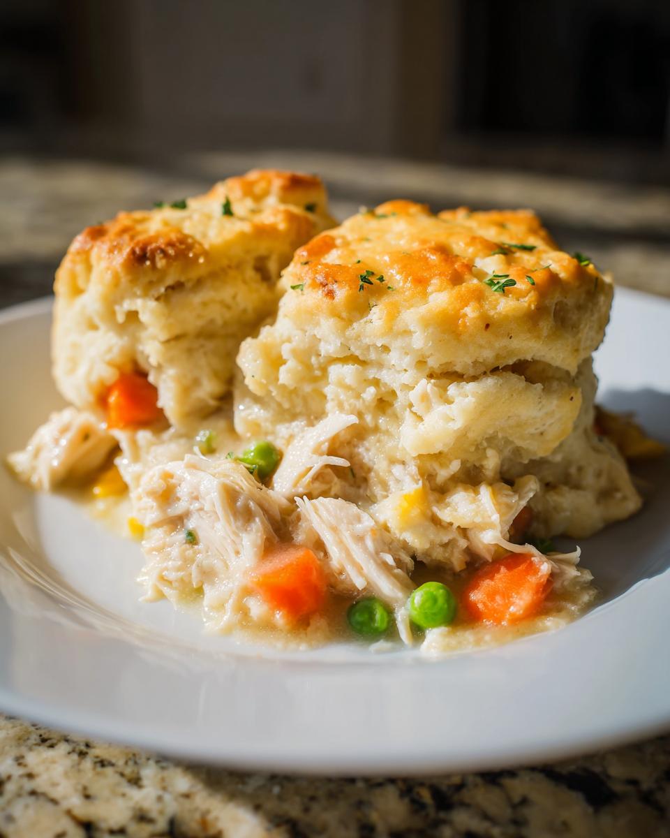Two fluffy biscuits topping a creamy filling of shredded chicken, carrots, and peas in a slow cooker chicken pot pie.