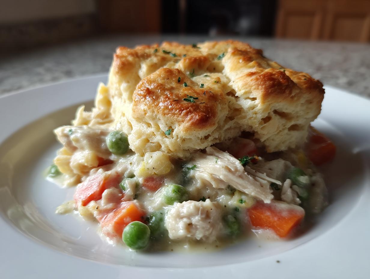 A serving of creamy slow cooker chicken pot pie topped with a golden biscuit on a white plate.