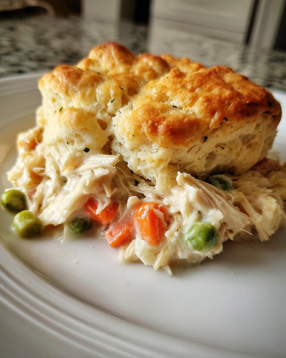 A serving of creamy slow cooker chicken pot pie topped with a golden, fluffy biscuit on a white plate.