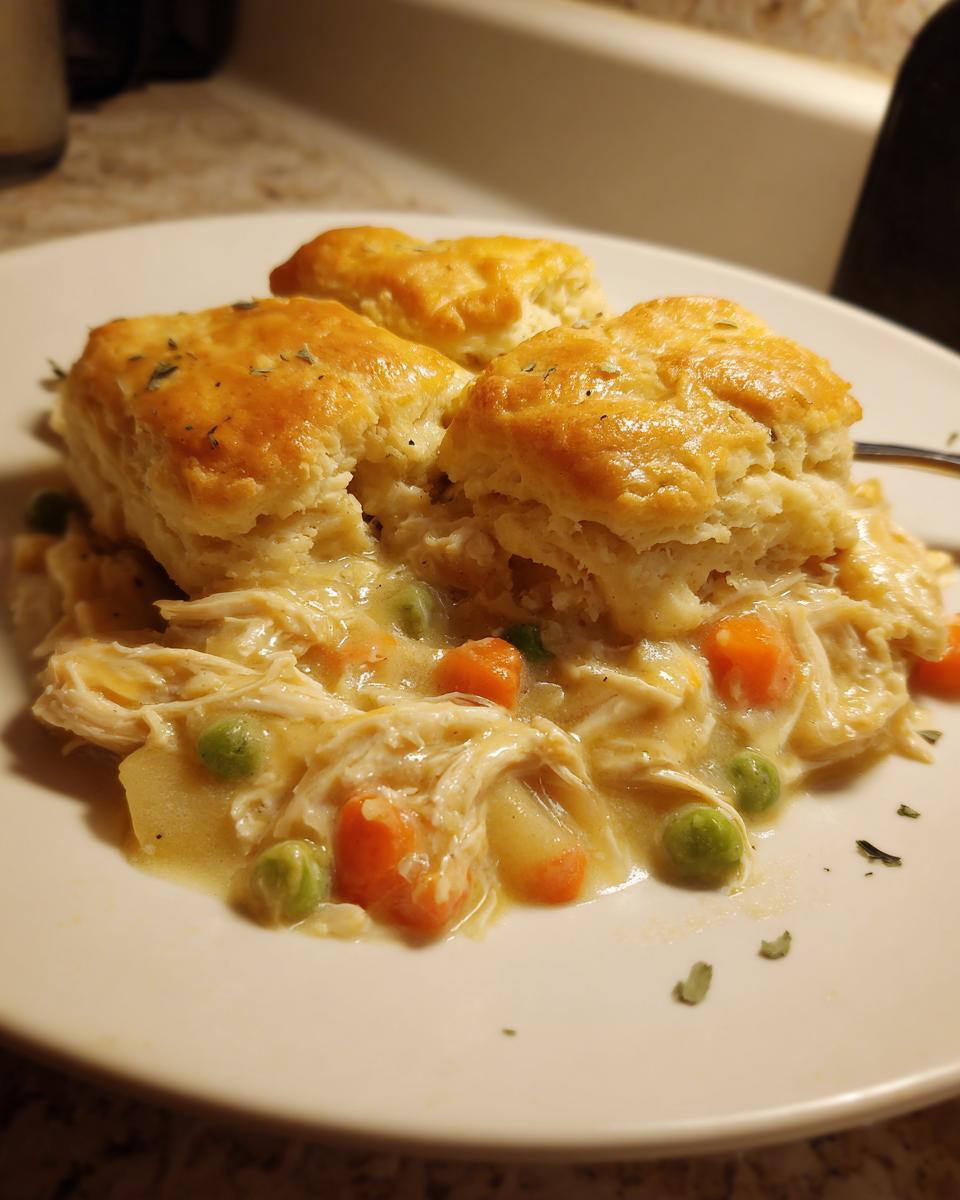 A hearty serving of slow cooker chicken pot pie topped with golden biscuits, featuring shredded chicken, carrots, and peas in a creamy sauce.
