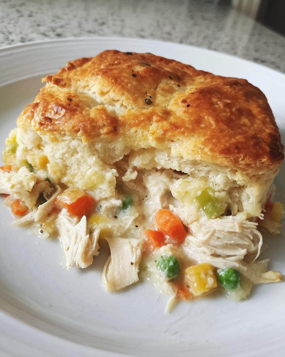 A generous serving of slow cooker chicken pot pie showing shredded chicken, peas, carrots, and a flaky golden biscuit topping.