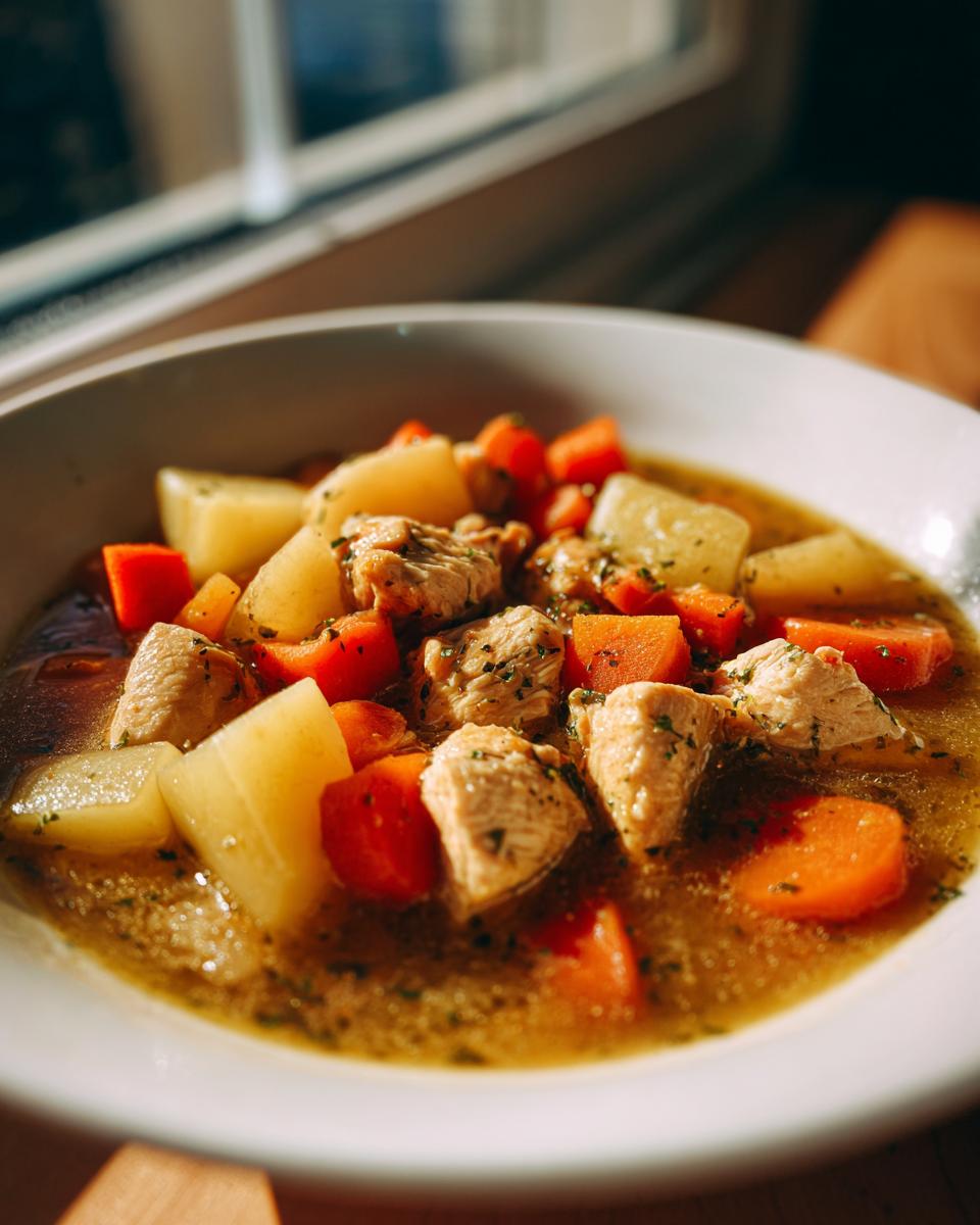 Close-up of a white bowl filled with savory slow cooker chicken stew featuring chunks of chicken, potatoes, and bright orange carrots.