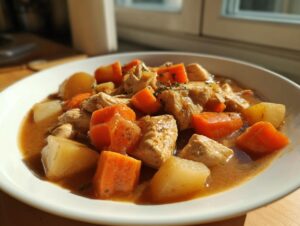 Close-up of a white bowl filled with savory slow cooker chicken stew, featuring chunks of chicken, carrots, and potatoes in a rich broth.