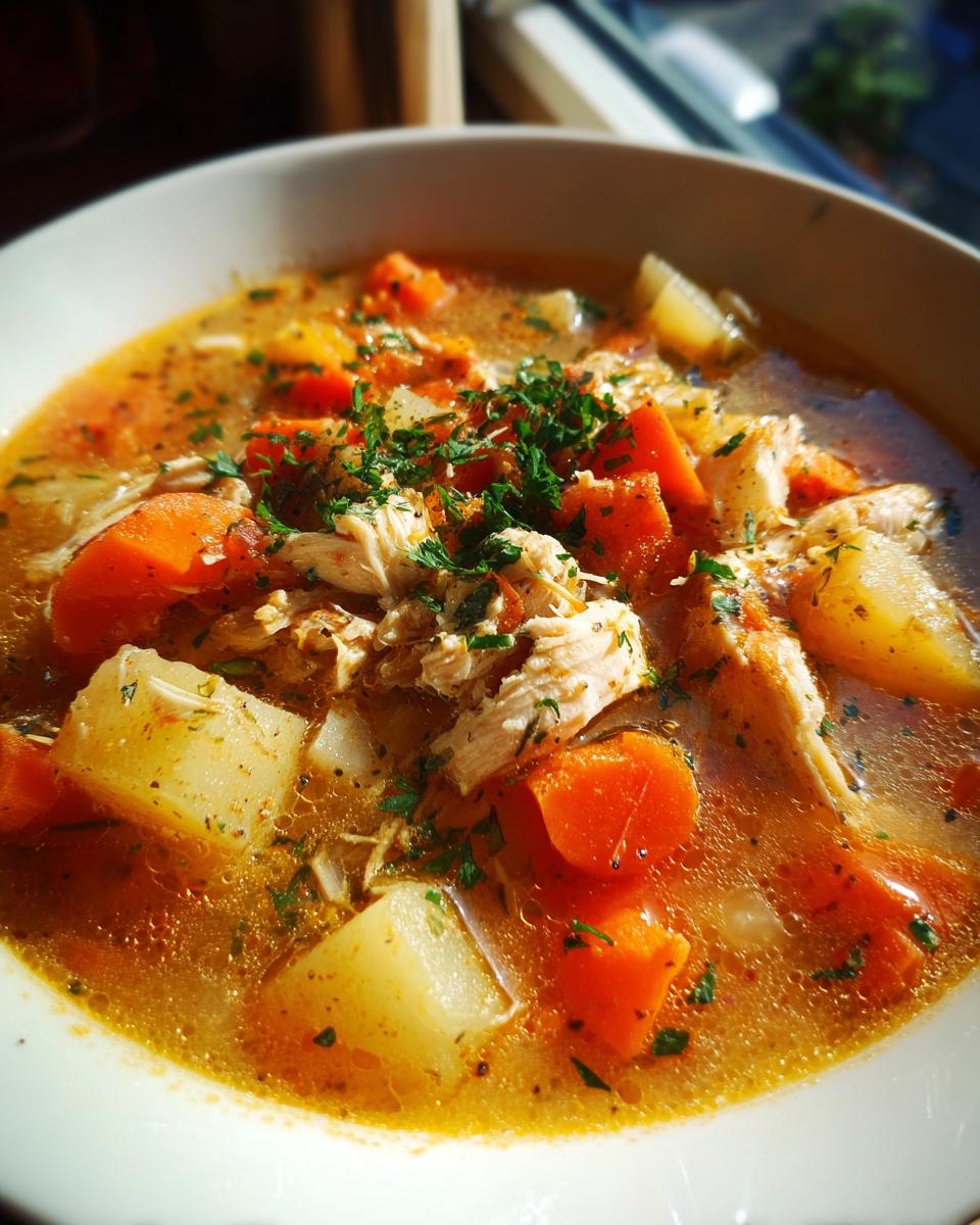 Close-up of a white bowl filled with rich, brothy slow cooker chicken stew, featuring shredded chicken, chunks of potato, and bright orange carrots, topped with parsley.