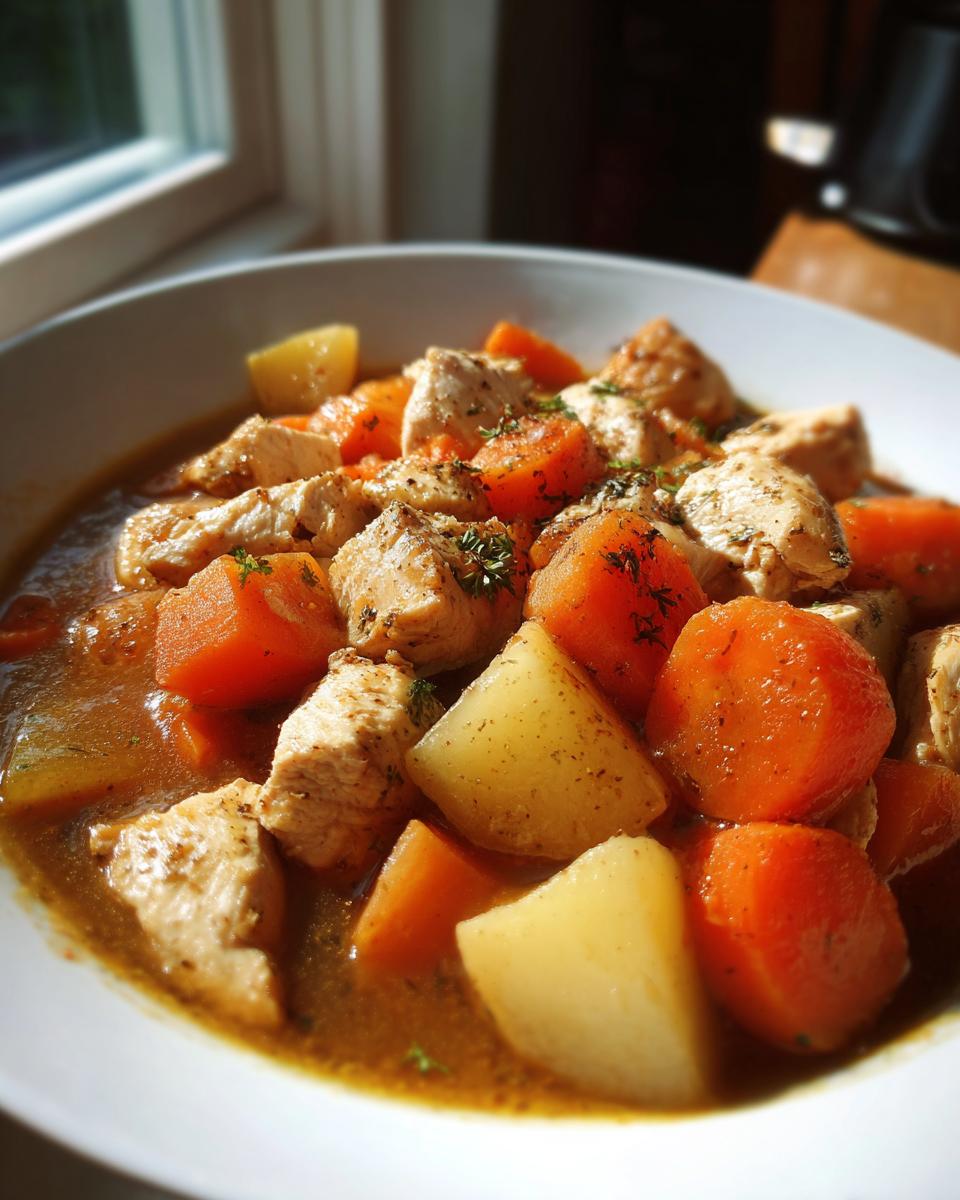Close-up of a bowl of chunky slow cooker chicken stew featuring pieces of chicken, bright orange carrots, and yellow potatoes in a savory broth.