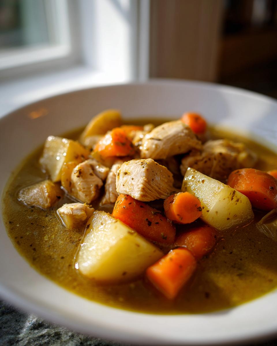 Close-up of a white bowl filled with chunks of chicken, potatoes, and carrots in a savory broth from the slow cooker chicken stew.