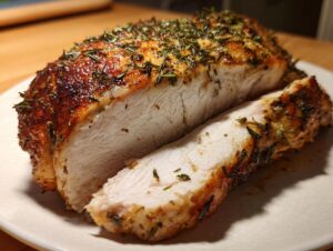 Close-up of a perfectly cooked, juicy slow cooker turkey breast, sliced to show the white meat and herb crust.