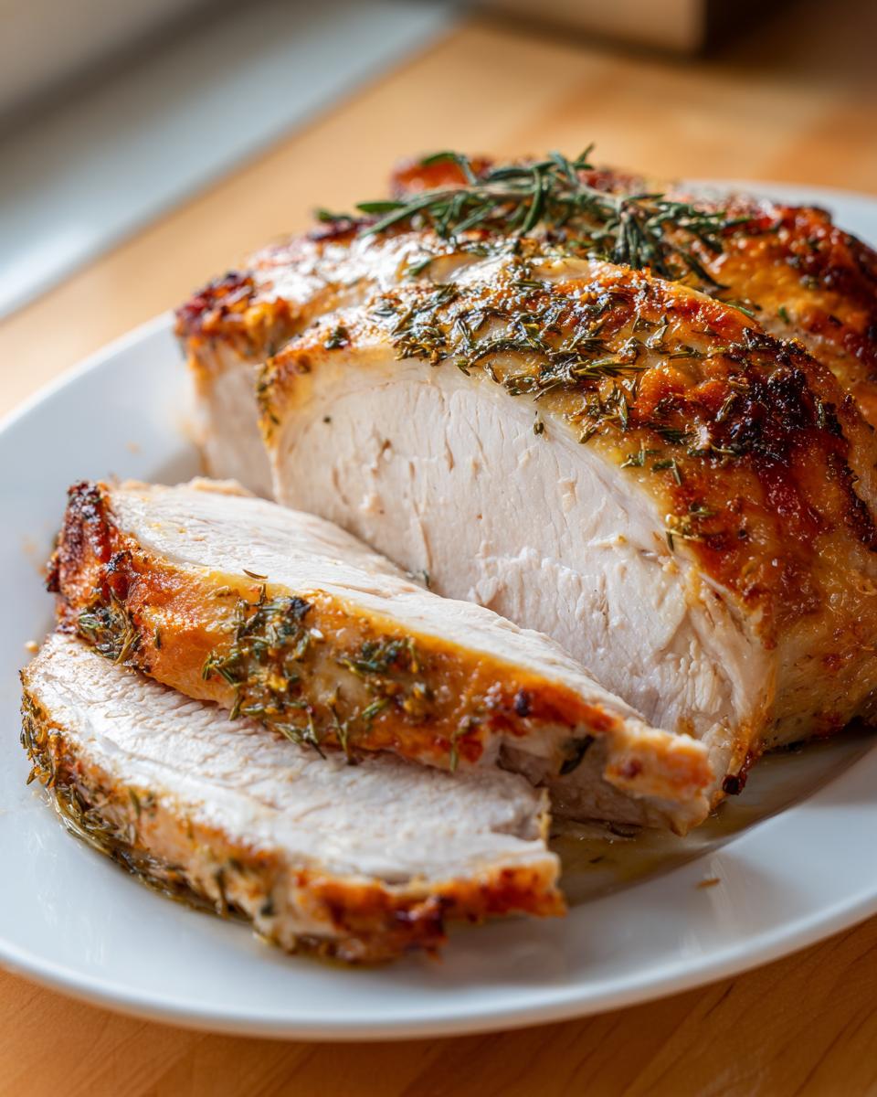 Close-up of a perfectly cooked and sliced slow cooker turkey breast, seasoned with herbs like rosemary.