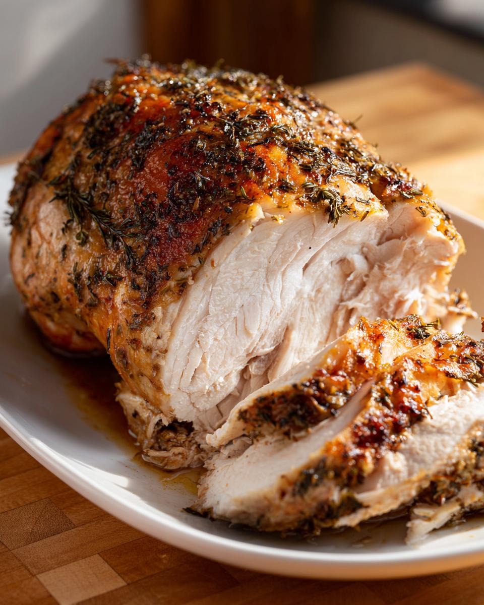 A beautifully browned slow cooker turkey breast, partially sliced, showing moist white meat and an herb crust.