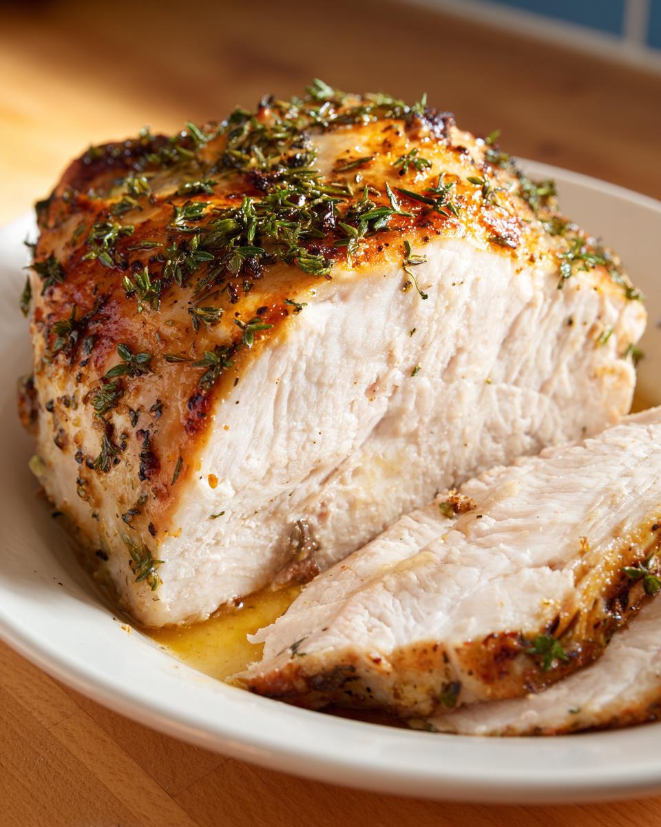 Close-up of a moist, sliced slow cooker turkey breast seasoned with herbs, sitting in its juices.