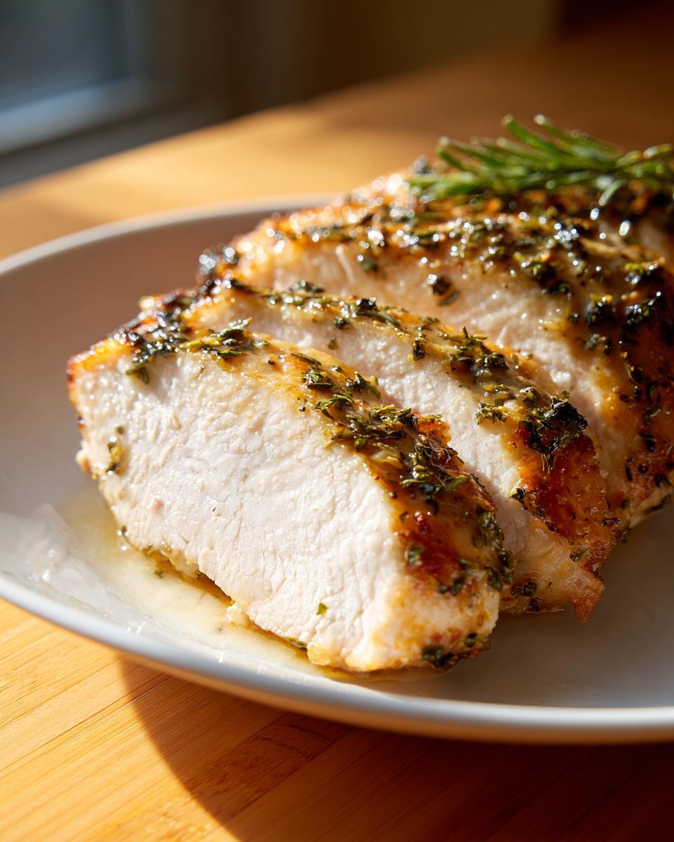 Close-up of three moist slices of slow cooker turkey breast, topped with a savory herb glaze and rosemary.