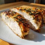 Close-up of two thick slices of moist slow cooker turkey breast, seasoned with herbs like rosemary.