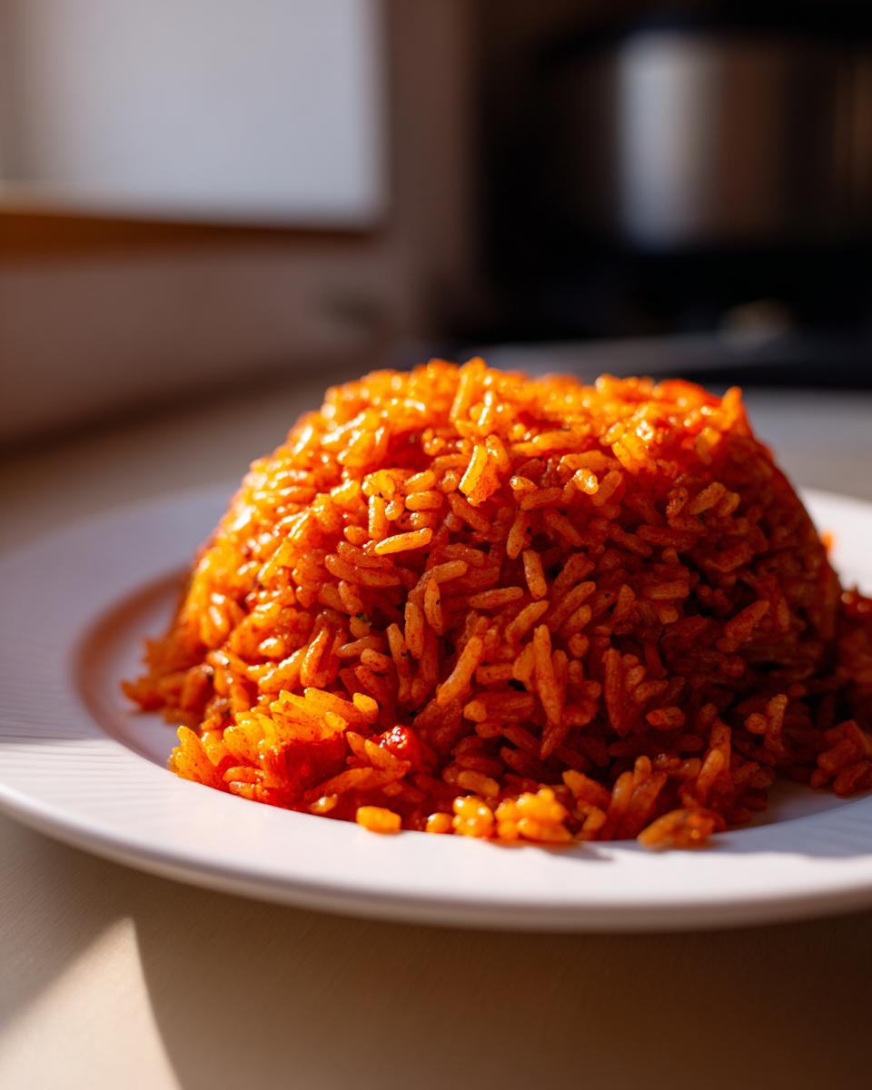 A perfectly molded mound of vibrant orange-red jollof rice served on a white plate, catching the sunlight.