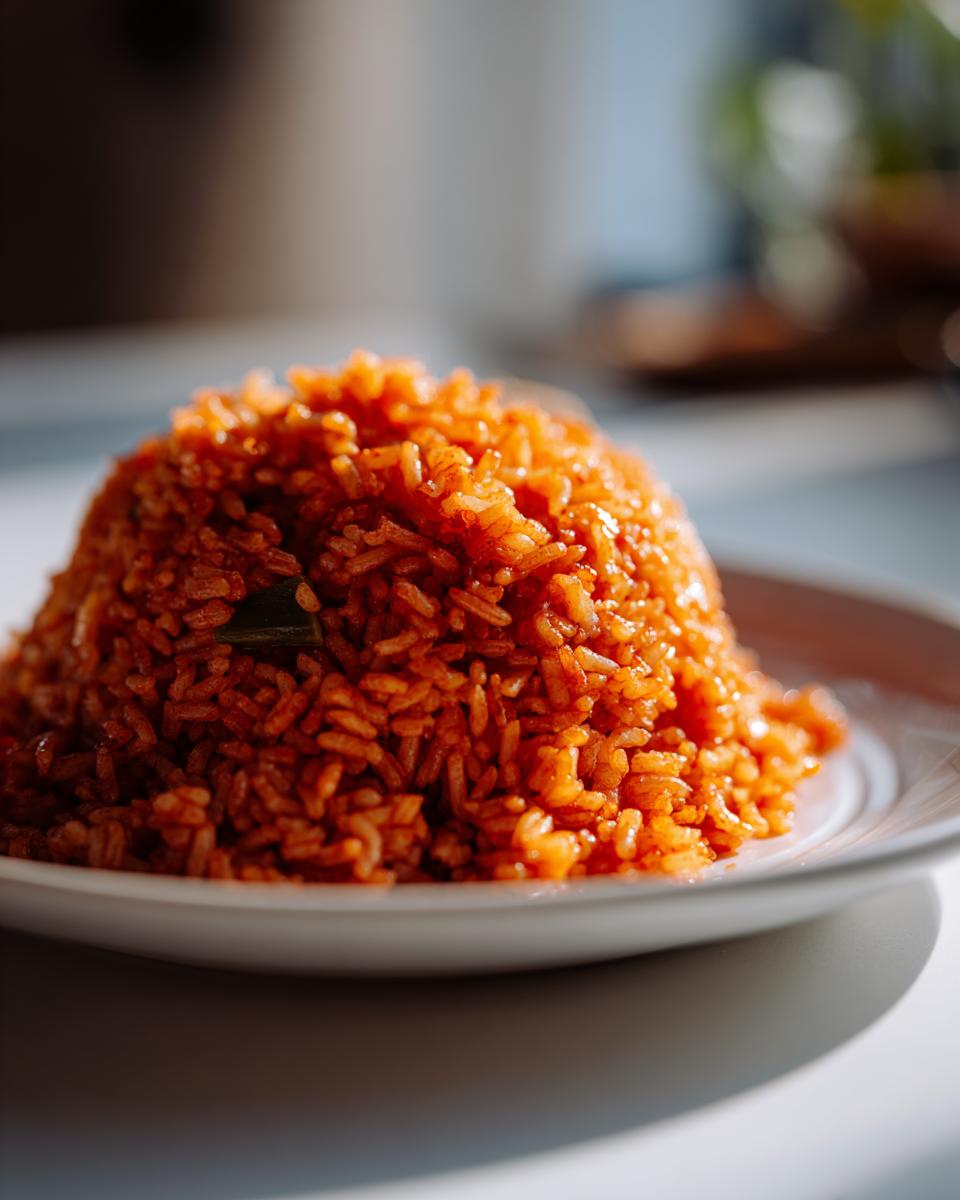 A close-up, sunlit mound of vibrant orange-red jollof rice served on a white plate.