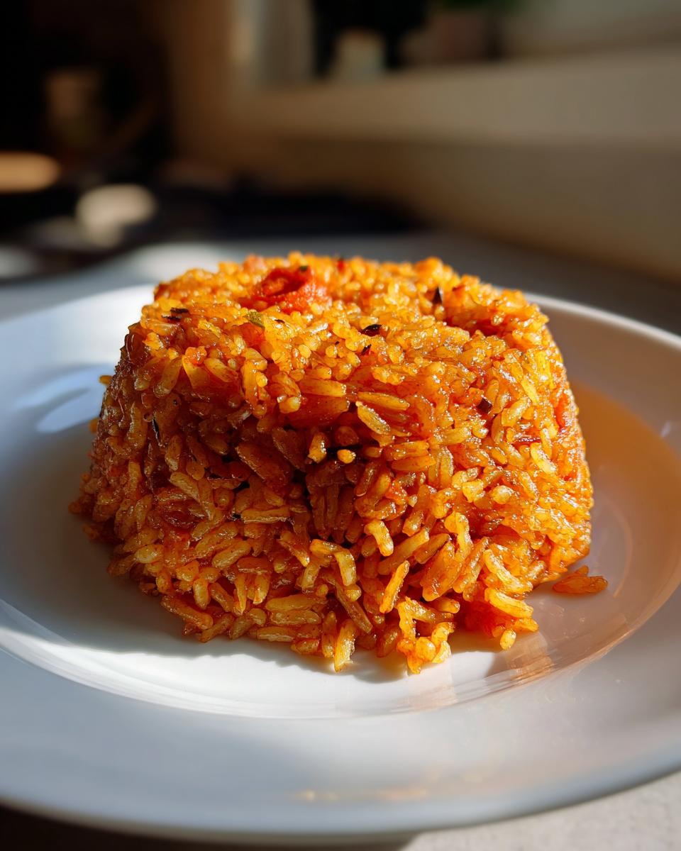 A perfectly molded mound of vibrant, orange-red jollof rice served on a white plate, highlighted by sunlight.