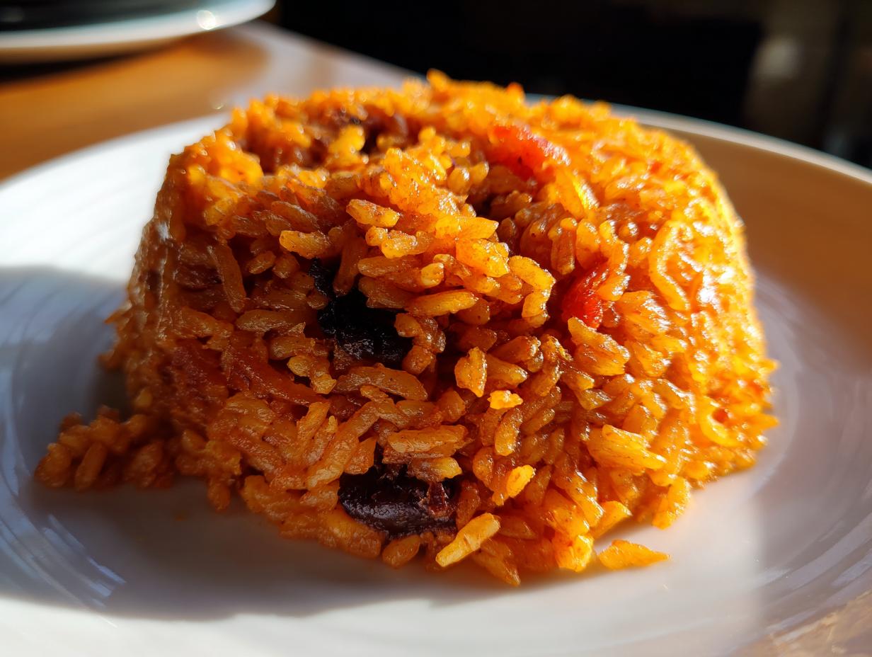 A close-up, brightly lit portion of vibrant orange jollof rice molded into a mound on a white plate.