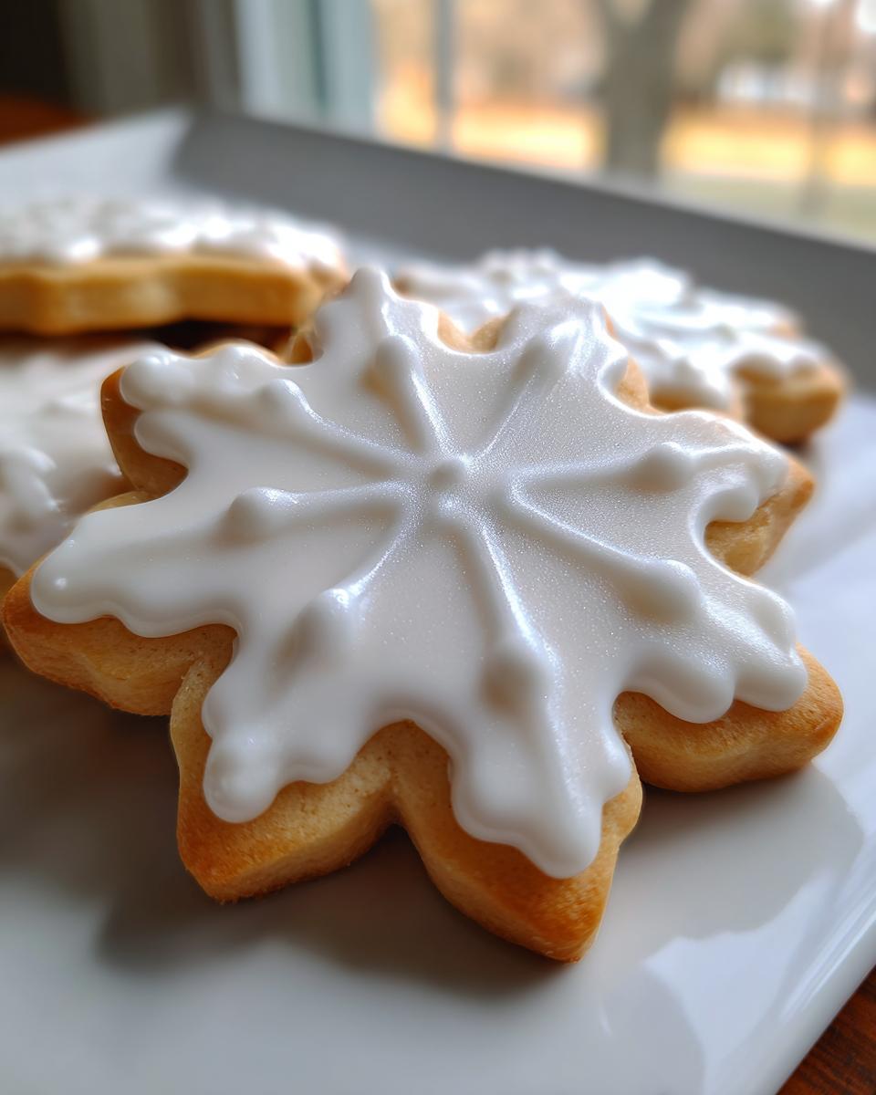Close-up of a snowflake-shaped sugar cookie topped with thick, glossy white sugar cookie icing recipe.