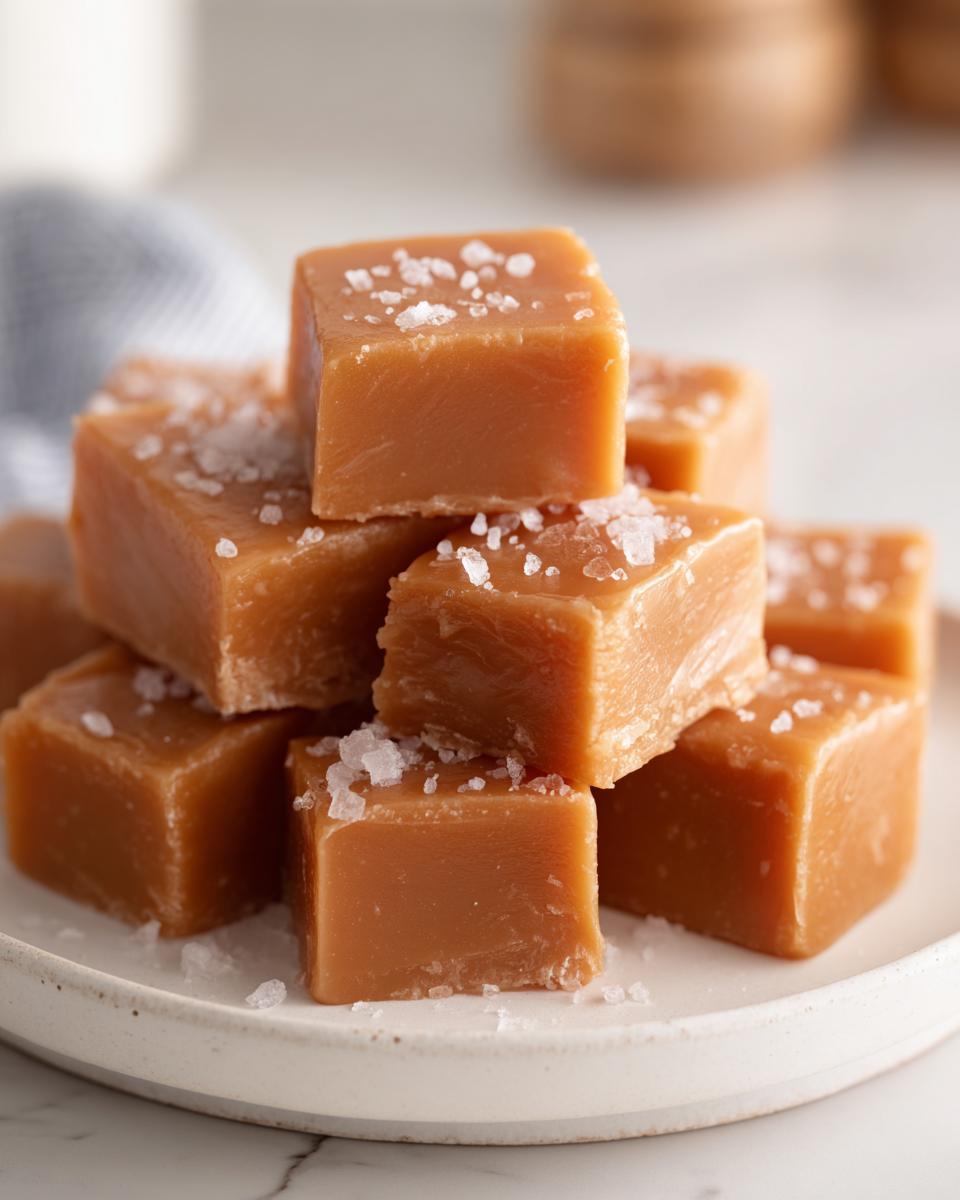 A close-up stack of soft, chewy caramels sprinkled with flaky sea salt on a light ceramic plate.