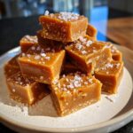 Close-up of a stack of soft, chewy caramels sprinkled with flaky sea salt on a light plate.