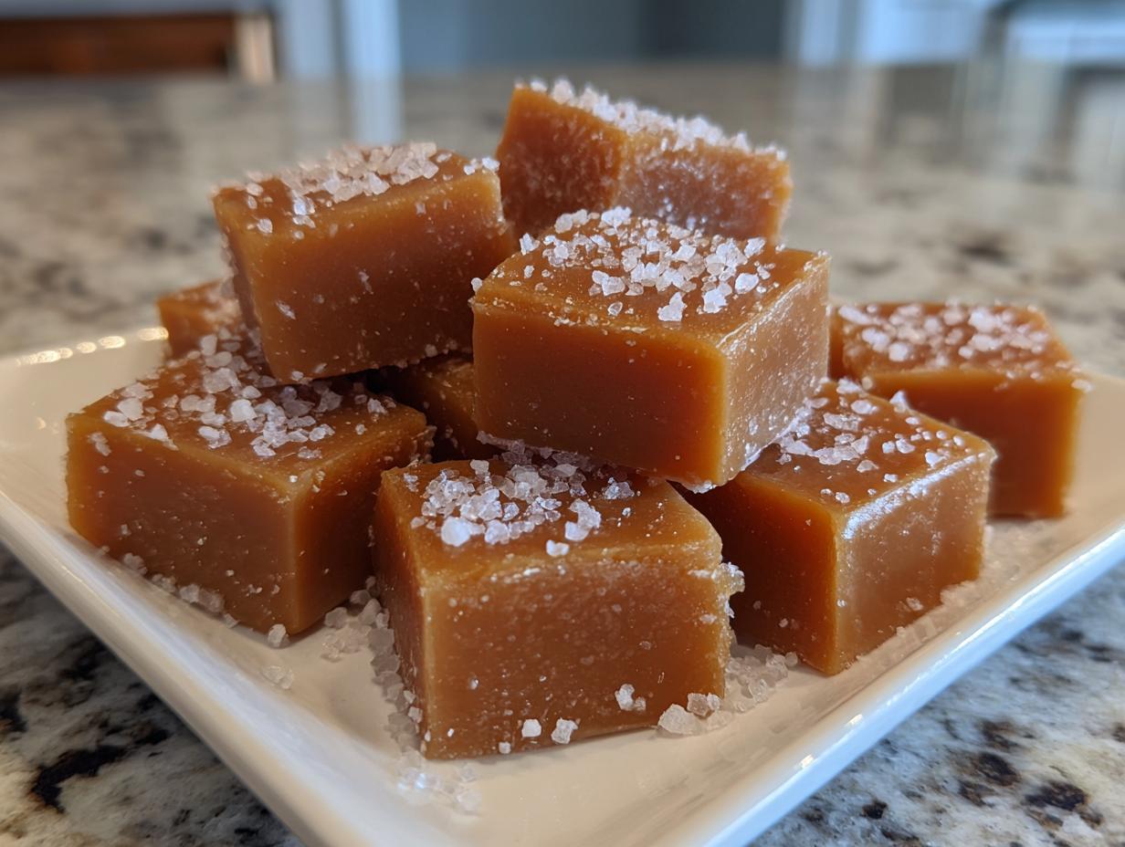 A close-up of several soft, chewy caramels sprinkled generously with flaky sea salt, stacked on a small white dish.