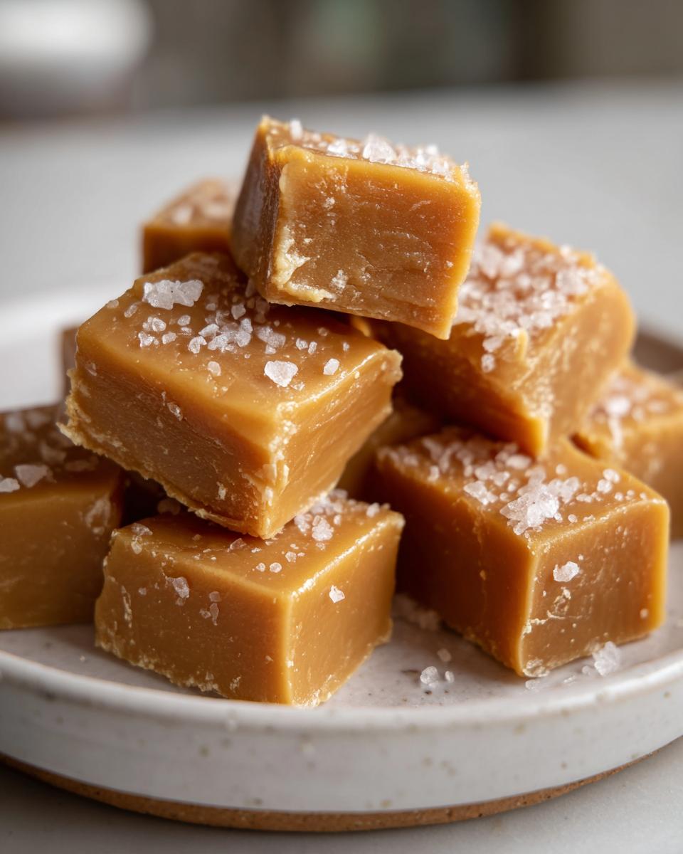 A stack of soft, chewy, square-cut caramels topped with flaky sea salt on a speckled white plate.