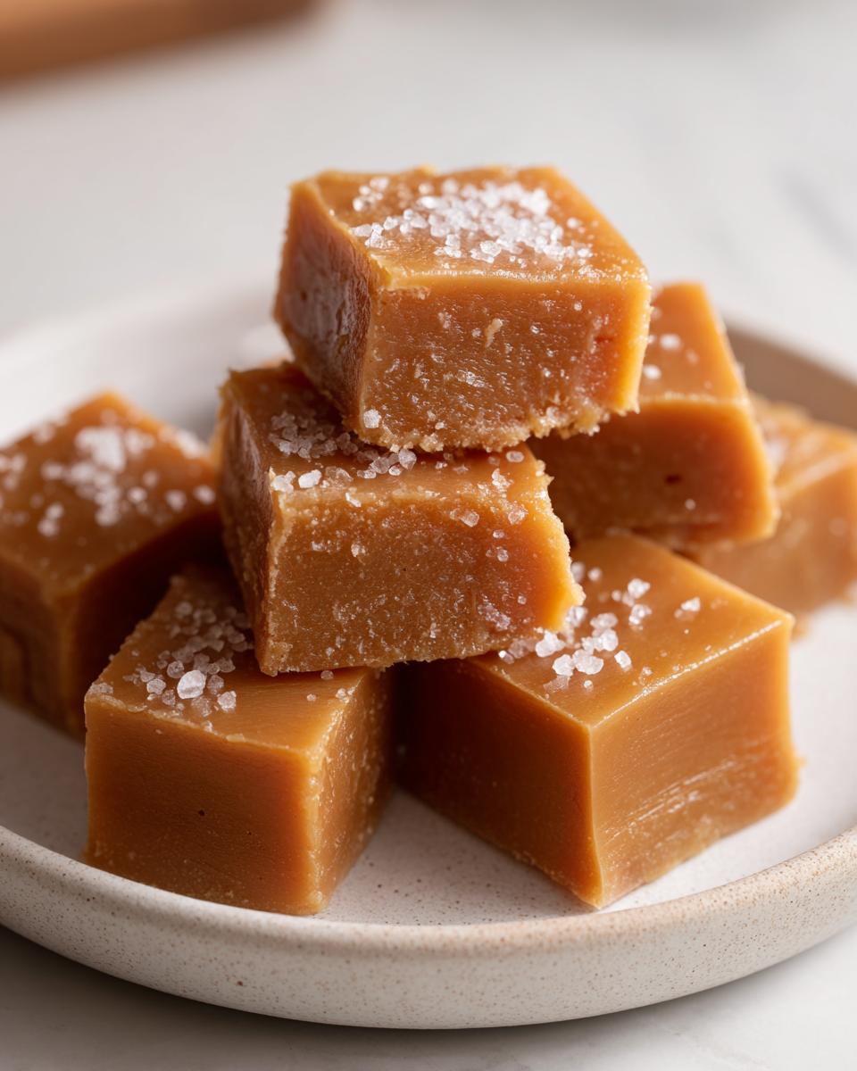 A stack of soft chewy caramels topped with flaky sea salt, resting on a light ceramic plate.