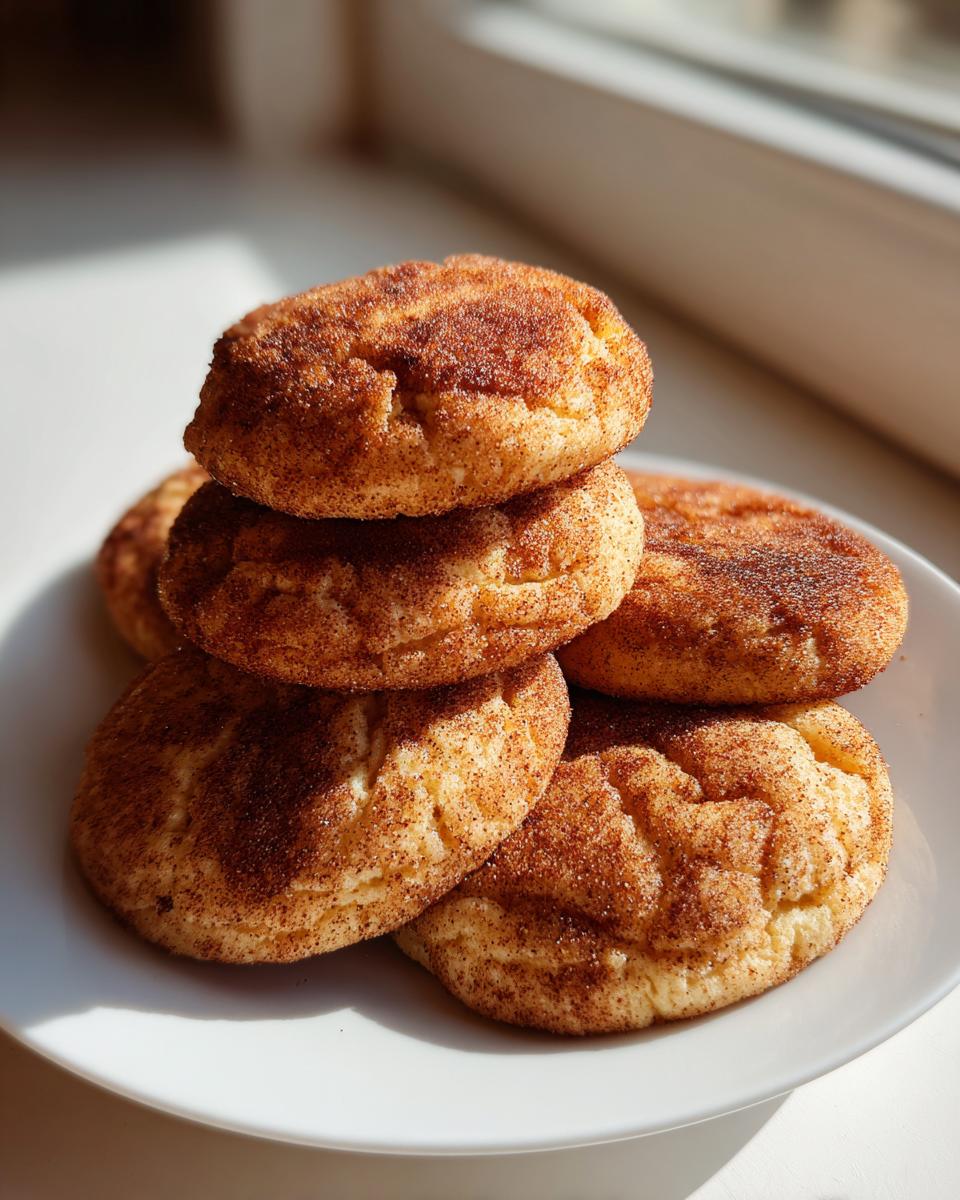 A stack of freshly baked, soft chewy snickerdoodles generously coated in cinnamon sugar, resting on a white plate.