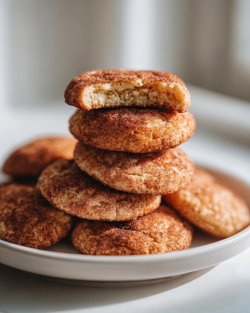 A stack of soft chewy snickerdoodles generously coated in cinnamon sugar, with the top cookie broken open to show the texture.
