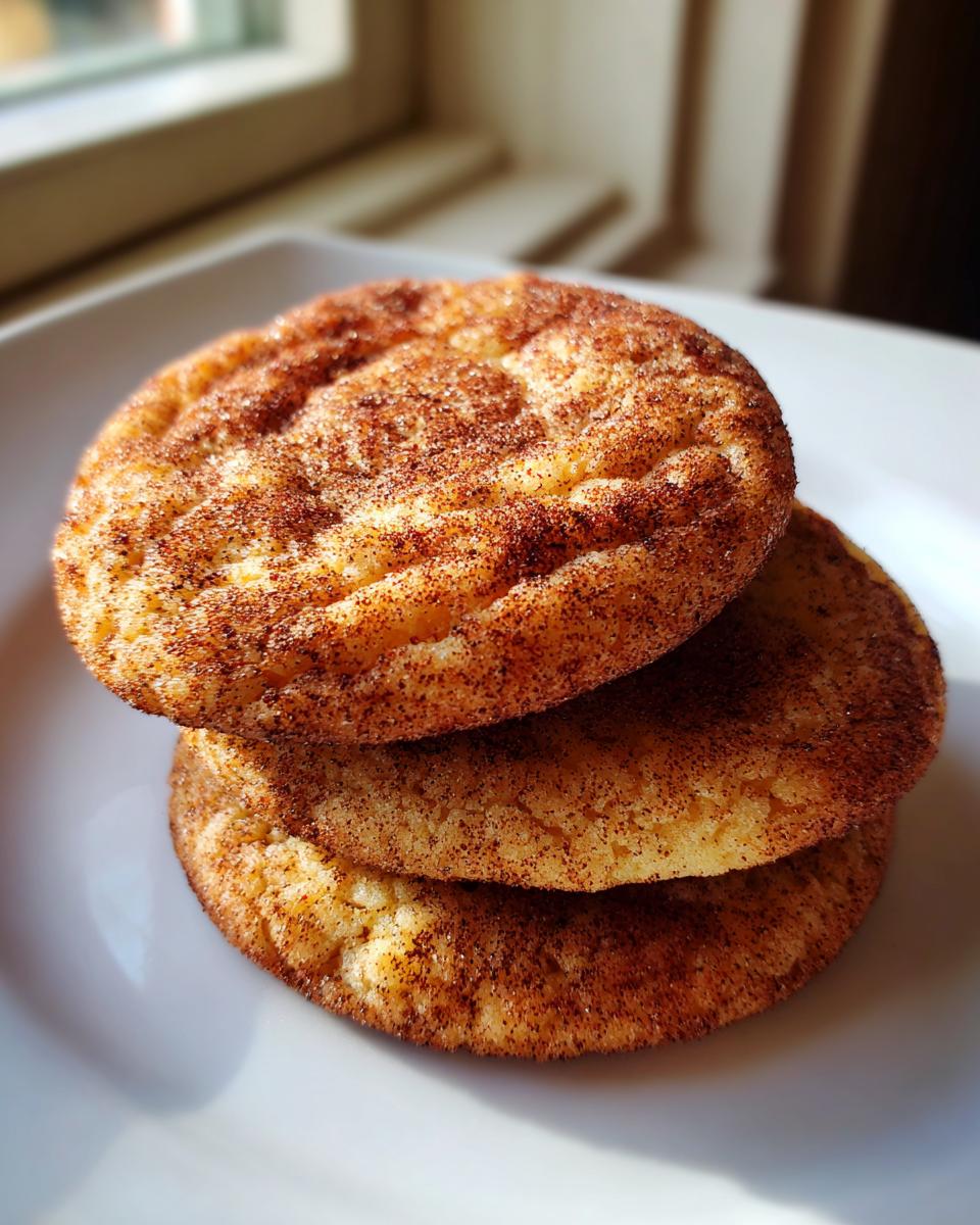 A close-up stack of three soft chewy snickerdoodles coated generously in cinnamon sugar, resting on a white plate.