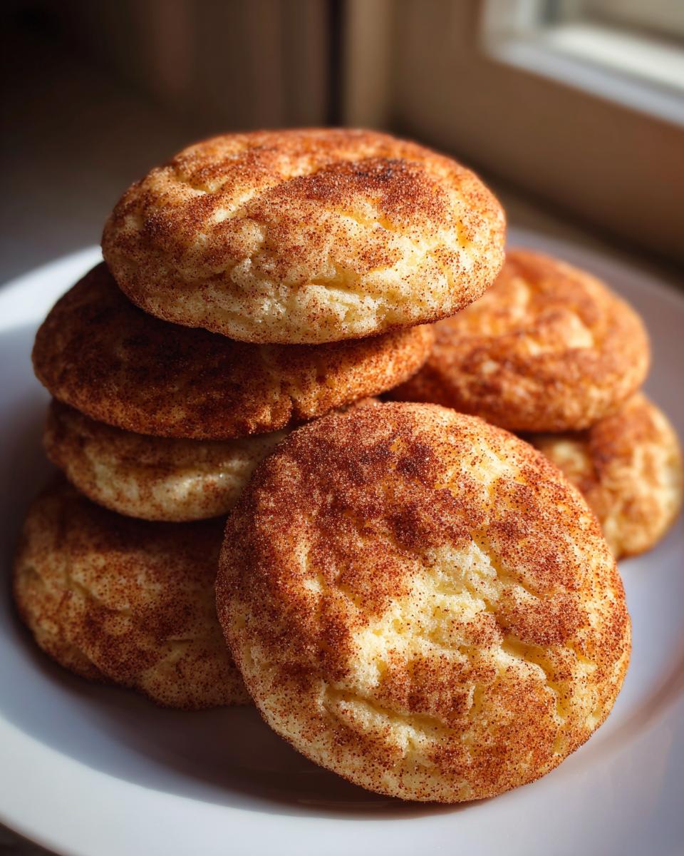 A stack of soft, chewy snickerdoodles generously coated in cinnamon sugar, resting on a white plate.