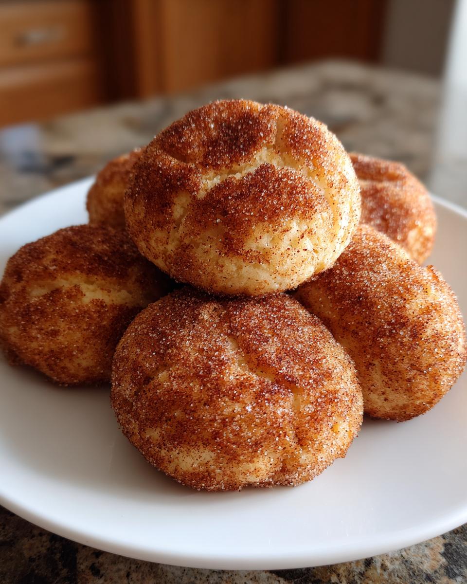 A close-up stack of freshly baked, soft snickerdoodle cookies generously coated in cinnamon sugar.