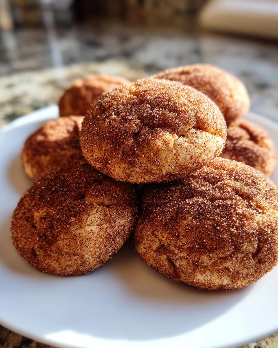 A close-up stack of freshly baked, soft snickerdoodle cookies generously coated in cinnamon sugar.