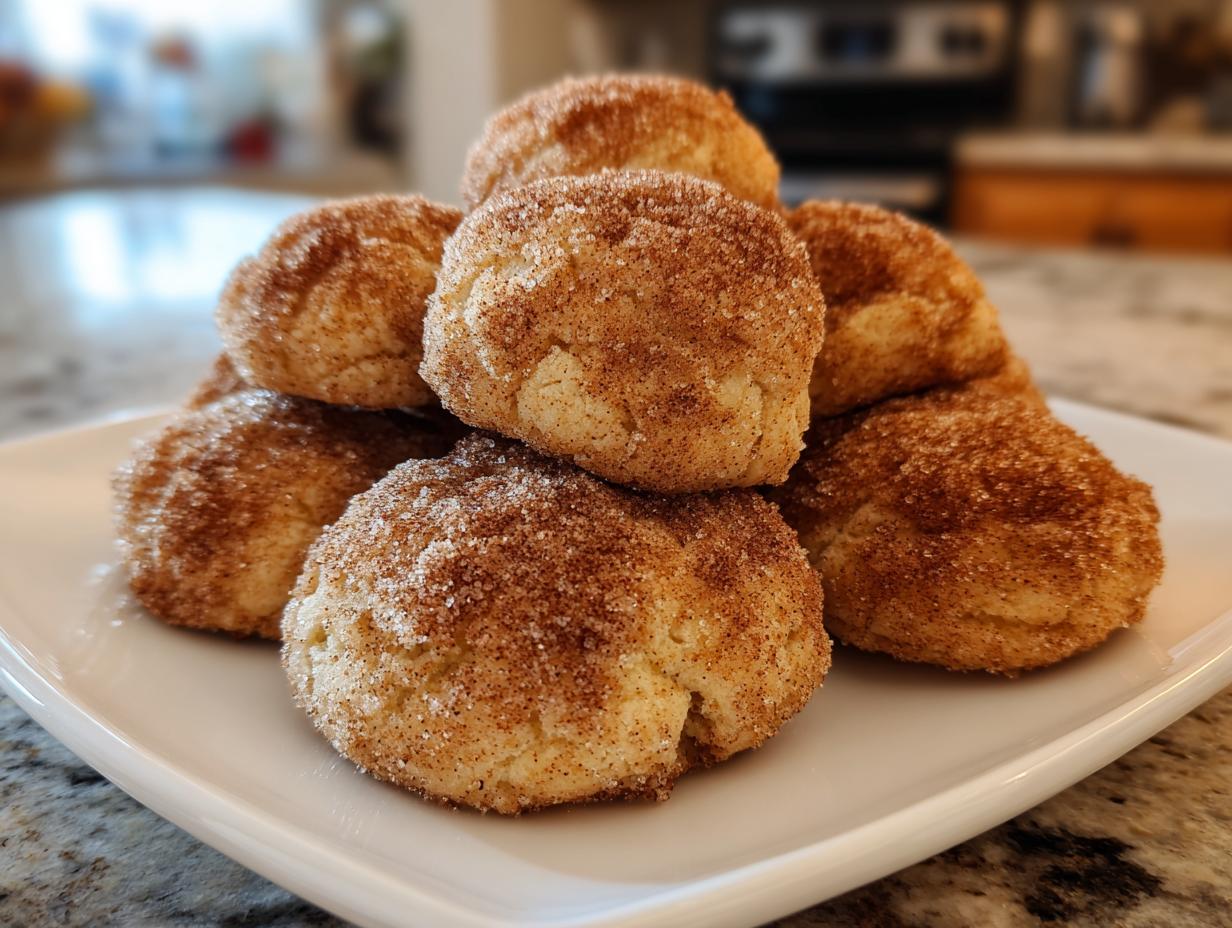 A stack of freshly baked, soft snickerdoodle cookies generously coated in cinnamon sugar, resting on a white plate.