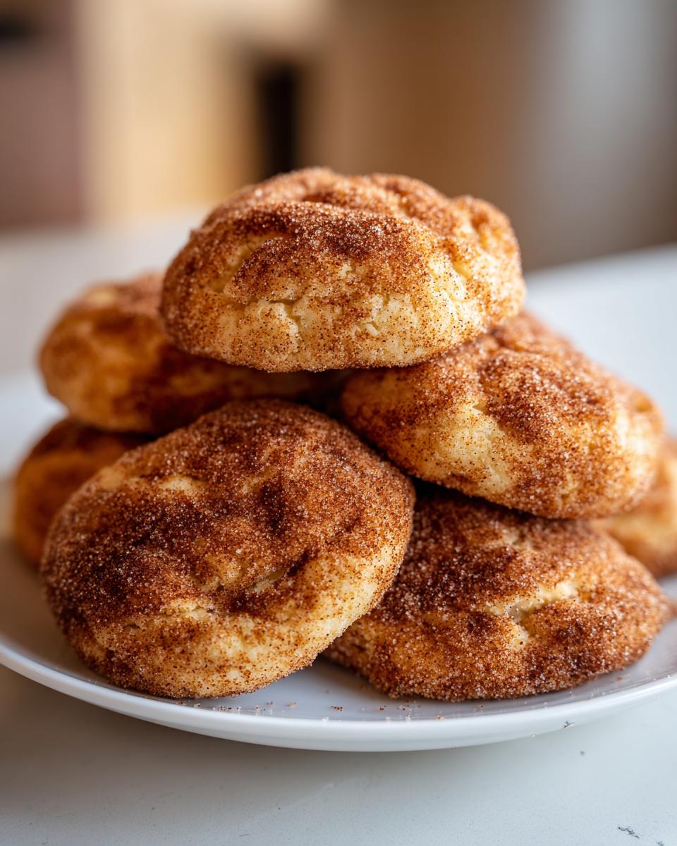 A close-up stack of soft, freshly baked snickerdoodle cookies generously coated in cinnamon sugar.