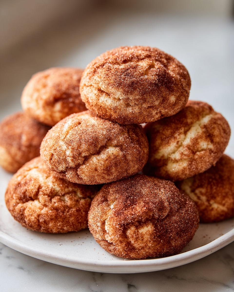 A close-up stack of freshly baked, soft snickerdoodle cookies generously coated in cinnamon sugar.