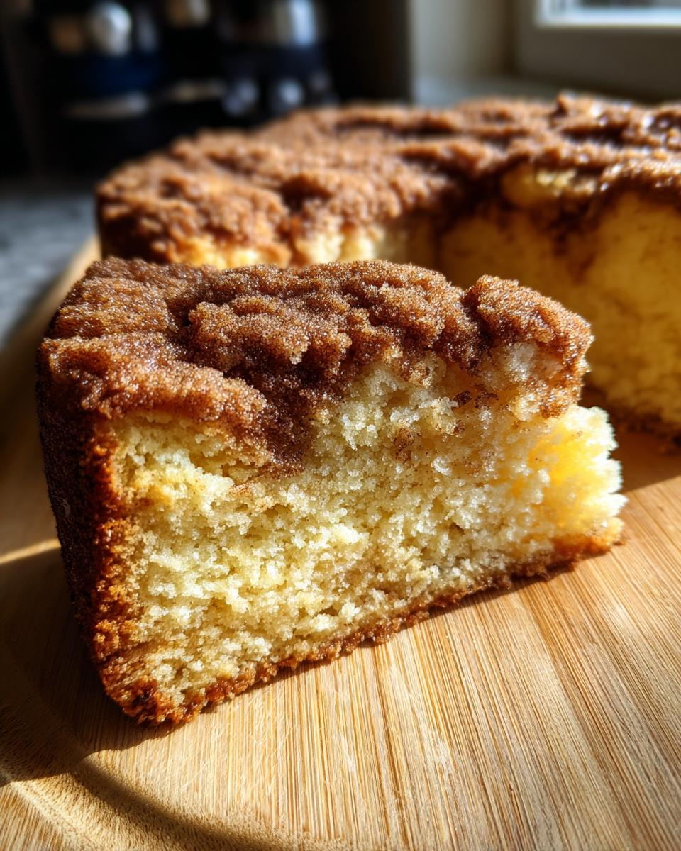 A close-up of a moist slice of sour cream coffee cake featuring a thick, sugary cinnamon crumb topping.