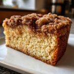 Close-up of a moist slice of sour cream coffee cake featuring a thick, sugary cinnamon crumb topping.