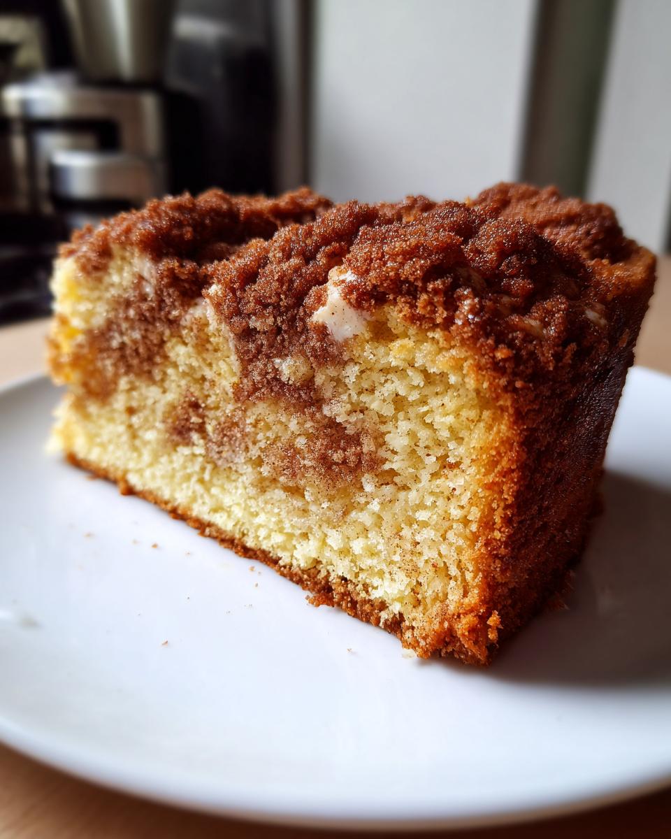 Close-up of a moist slice of sour cream coffee cake featuring a rich cinnamon swirl and thick crumbly streusel topping.
