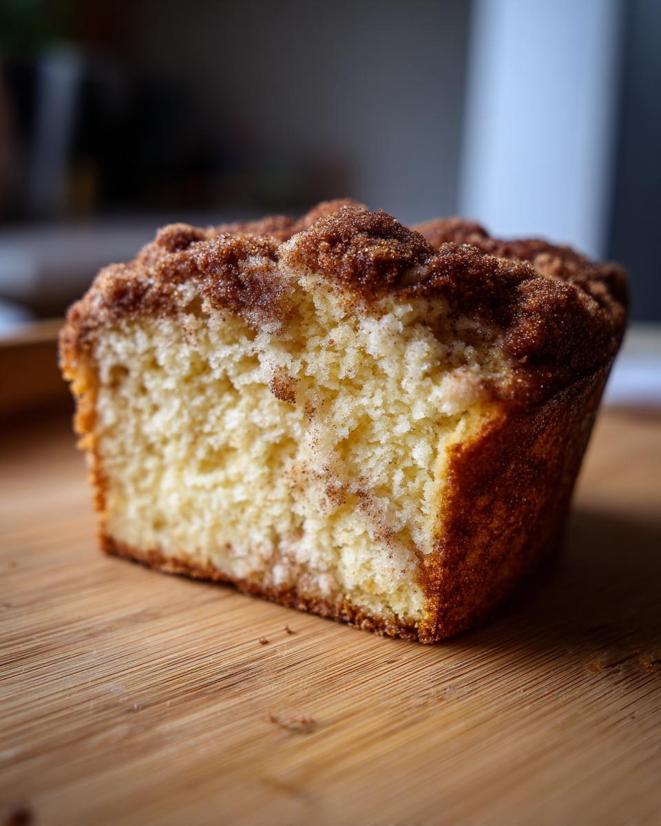 A close-up, vertical slice of moist sour cream coffee cake featuring a thick, crumbly cinnamon streusel topping.
