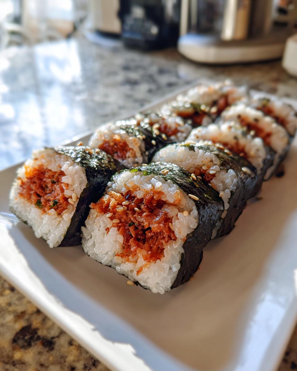 Close-up of freshly cut spicy tuna kimbap rolls arranged on a white rectangular plate, sprinkled with sesame seeds.