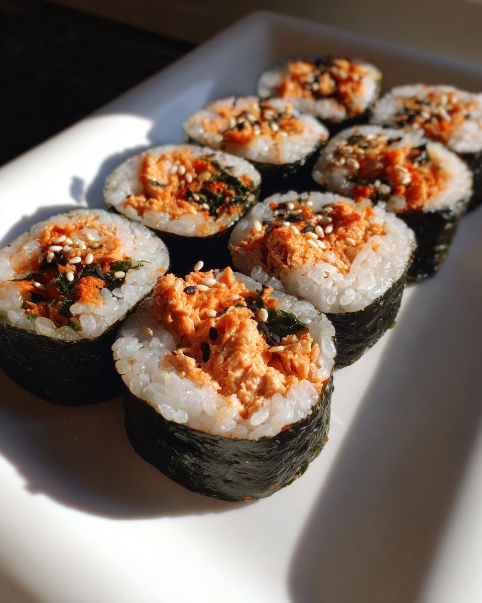 Several slices of spicy tuna kimbap, featuring orange tuna filling and sesame seeds, arranged on a white platter.