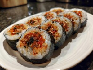A row of freshly cut spicy tuna kimbap rolls displayed on a white plate, showing the rice, seaweed, and vibrant red spicy tuna filling.
