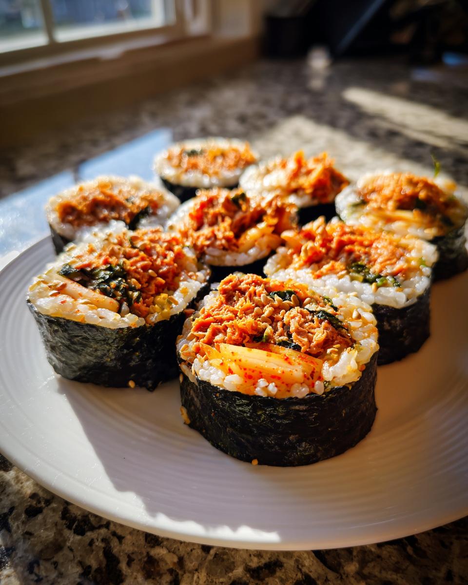 Several slices of spicy tuna kimbap, featuring rice, seaweed, and a vibrant orange tuna filling, arranged on a white plate.