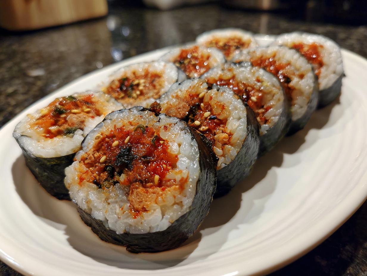 A row of freshly cut spicy tuna kimbap rolls displayed on a white plate, showing the rice, seaweed, and vibrant red spicy tuna filling.