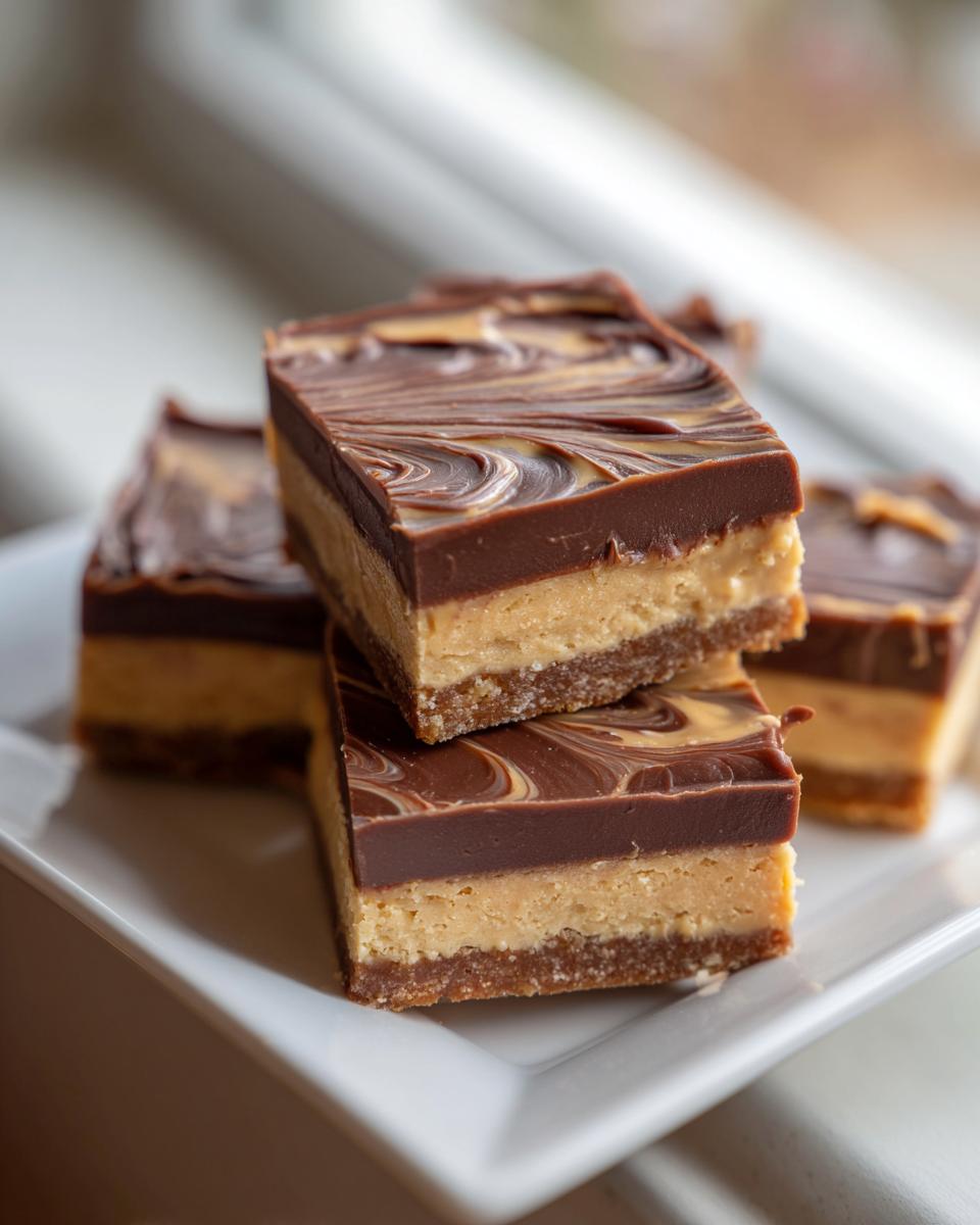 Close-up of stacked no bake peanut butter bars featuring a thick peanut butter layer and a marbled chocolate topping.