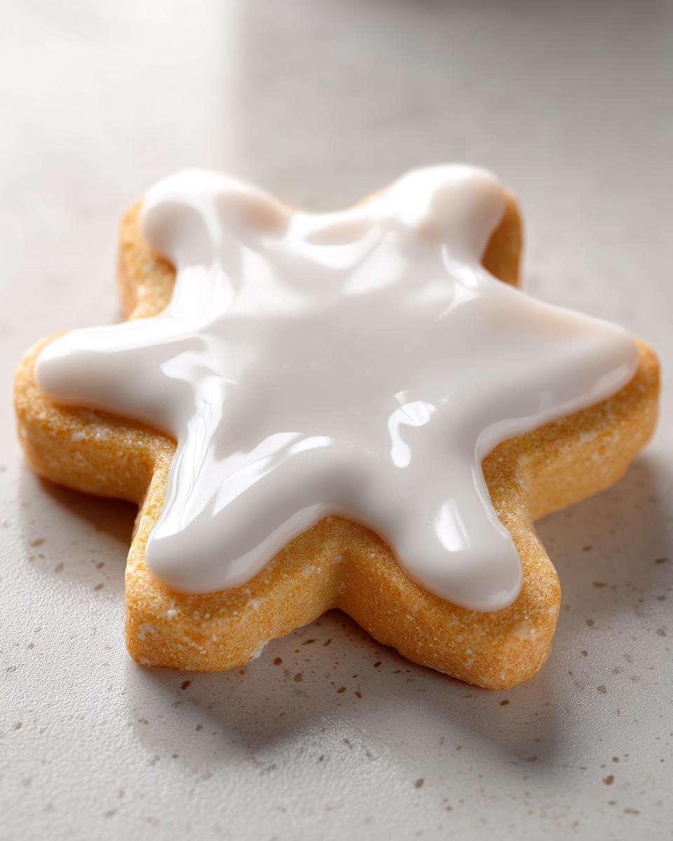 Close-up of a star-shaped sugar cookie topped with thick, glossy white sugar cookie icing recipe glaze.
